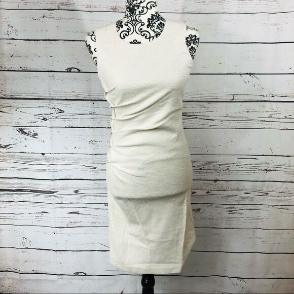 Halston Heritage Tweed Sleeveless Stretch Dress Twist Details Bone/Off-White - Picture 3 of 9